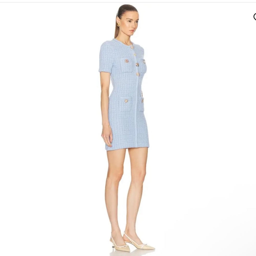 Self-portrait Jewel Button Knit Mini Dress Elegant Blue Short-Sleeve Dress - Picture 2 of 3